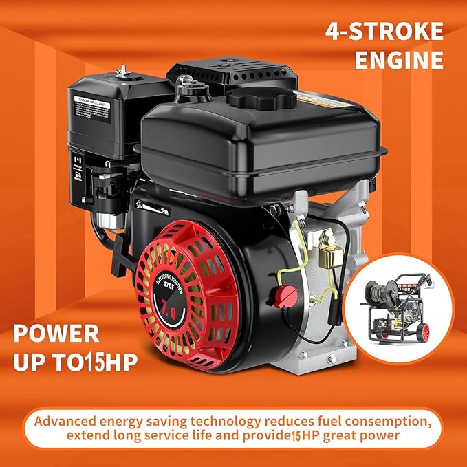 4400PSI Gas Pressure Washer with Hose Reel, 4 GPM, One-Button Electric Start 420CC 15HP Commercial Pressure Washer with 50FT 3/8" Hose, Spray Gun & Wand, 5 Quick Connect Nozzles