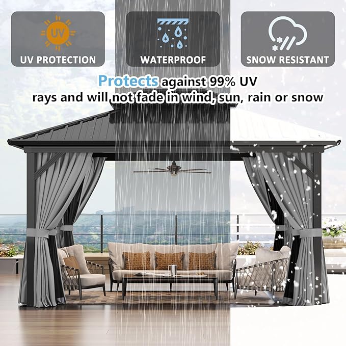 Aoxun 10' X 14' Hardtop Gazebo, Aluminum Metal Outdoor Gazebo with Galvanized Steel Double Roof, Permanent Patio Pavilion with Breathable Netting and Curtains for Dining, Wedding, Party