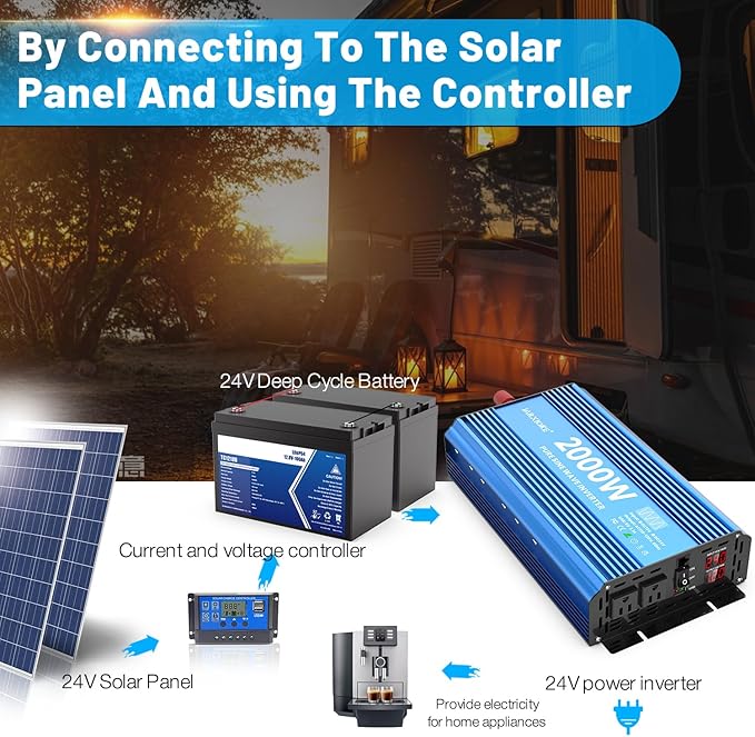 2000 Watt Pure Sine Wave Power Inverter, 24V dc to 110 Vdc to 120 Vdc, for Home, RV and Off-Grid Solar Systems, with 2 AC Outlets and USB Port, LCD Display, with Remote Control