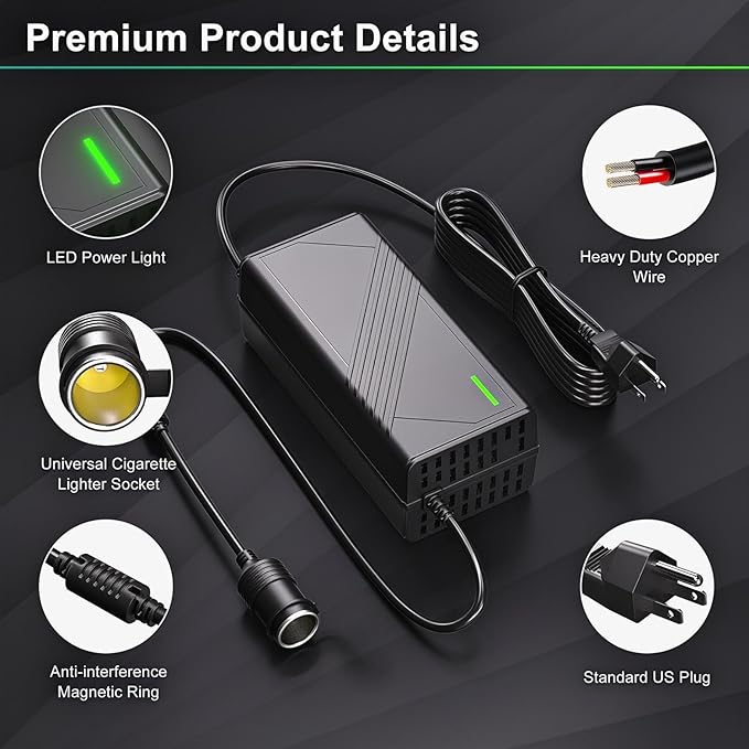 AC to DC Converter 20A/240W/12.36FT/110V-240V to 12V Converter Car Cigarette Lighter Socket AC/DC Power Adapter for Inflator, Car Refrigerator, Car Vacuum Cleaner and More