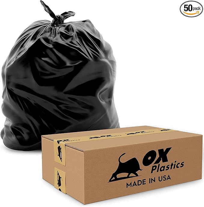 55 Gallon Trash Bags Heavy Duty – Large Black Contractor Bags 36x52" – Industrial, Yard Waste, Lawn & Leaf, Construction Garbage Can Liners – Made in USA (3 Mil, 50 Count)