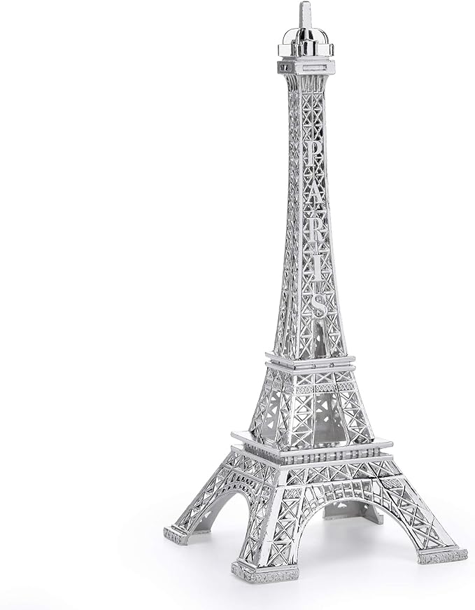 ESHATO Silver Metal Eiffel Tower Statue, 7inch Decorative Figurine Replica Stand Holder for Cake Topper Table Decor Gift Party Home Decoration
