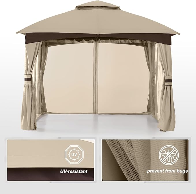 MASTERCANOPY Outdoor Patio Gazebo for Garden with Upgrade Steel Frame and Netting Walls (10x12,Khaki)