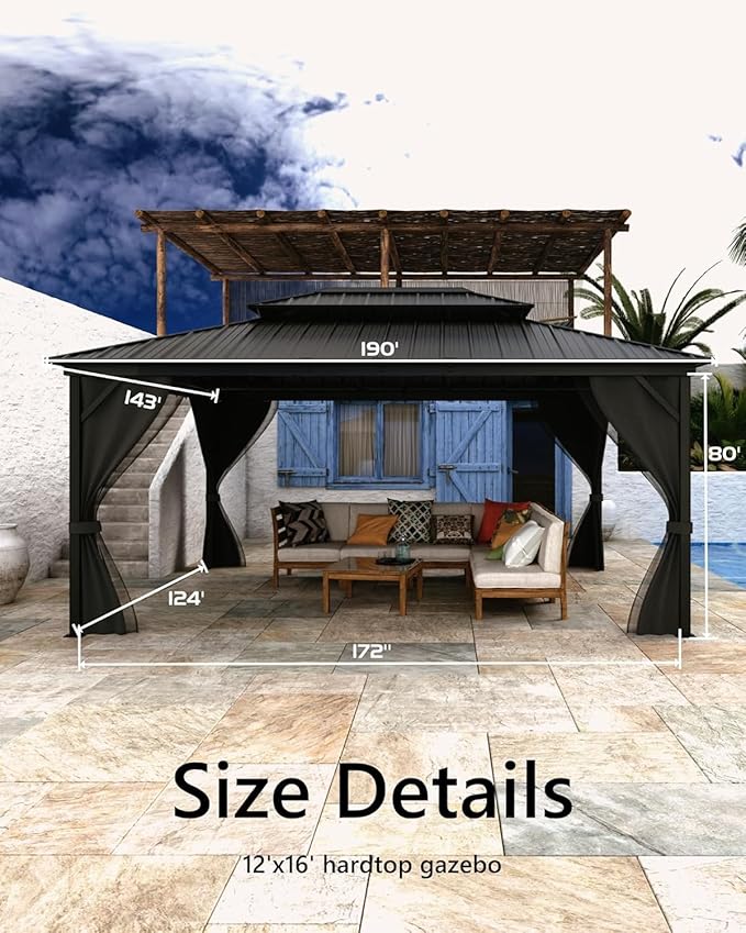 12'x16' Hardtop Gazebo - Aluminum Frame Permanent Pavilion with Curtains and Netting, Outdoor Double Metal Roof, Heavy Duty Poles for Patio, Deck, Backyard, Lawn, Garden