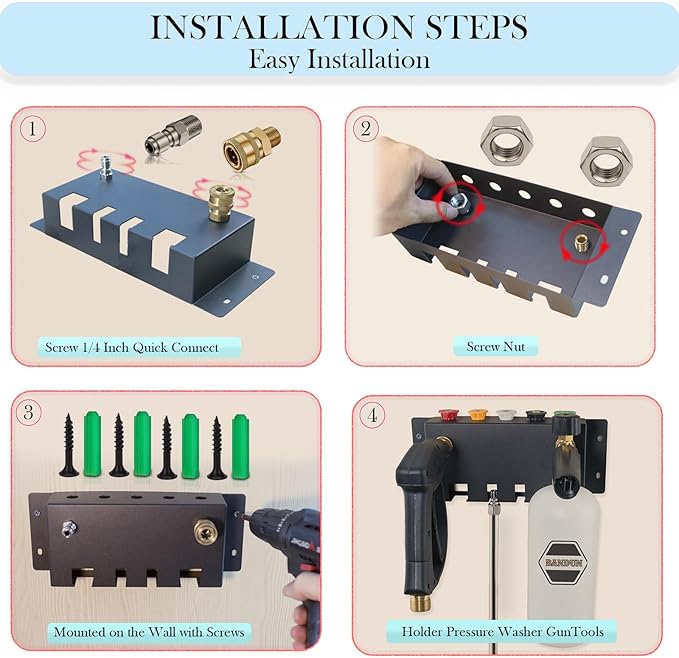 Pressure Washer Gun Holder-Foam Cannon Holder-for Foam Cannon,Pressure Washer Nozzle Tip and Pressure Wand Extension Storage Rack(fit 1/4" Quick Connector)