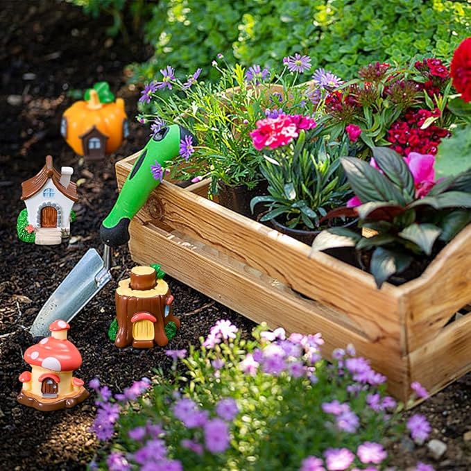 4 PCS Mini House Figurines, Miniature Village Hut Figurine, Fairy Garden Cottage Micro Landscape Ornaments Accessories for Bonsai, Succulent Planting, Flower Pots (4pcs)