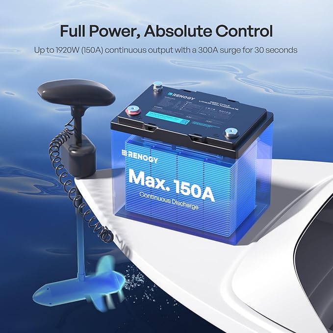 Renogy 12V 100Ah Trolling Motor LiFePO4 Lithium Battery, Bluetooth & 100A BMS, IP67 Waterproof, Group 24 Deep Cycle Battery for Marine, Boat, RV, Off-Grid Backup
