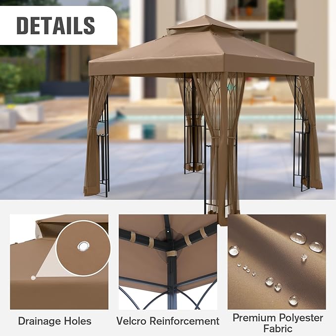 COOS BAY 8x8 Outdoor Patio Gazebo with Netting and Corner Shelves, Two-Tier Soft Top Canopy for Backyard, Lawn, Deck and Garden, Brown