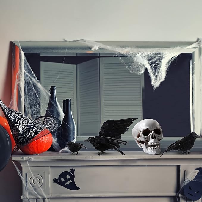 Yerliker 5 Pcs Halloween Black Feathered Crow and Skull Statue Set Handmade Realistic Crow Decor Spooky Plastic Fake Porch Decor for Halloween Decorations