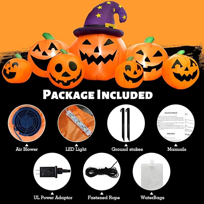 8FT Long Halloween Inflatables Pumpkin Outdoor Decorations, Halloween Blow Ups Inflatable Pumpkin for Yard, Garden, Lawn with Witch Hat and 7 LED Lights