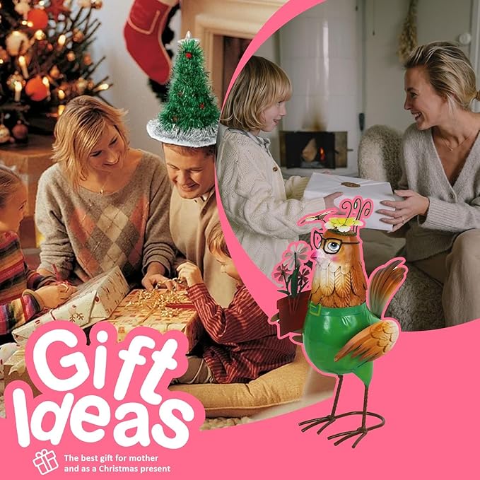 Natelf Metal Chicken Statue for Outdoor Decor Cute Rooster Hen Garden Sculpture with Vintage Glasses, Weather-Resistant Farmhouse Art for Yard, Patio, Coop, or Housewarming Gift for Mom, Friends