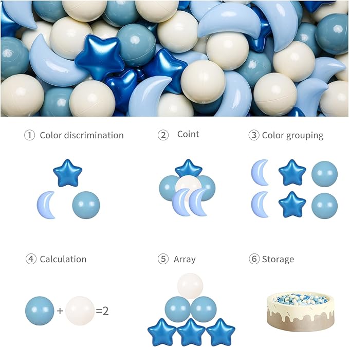 GOGOSO Ball Pit Balls Stars Moon Shapes Plastic Pitballs for Toddler Play Tent Baby Photo Props Kids Pool Water Toys Kiddie Pool Party Decor, Pearl Blue+Cream Blue+White,500PCS