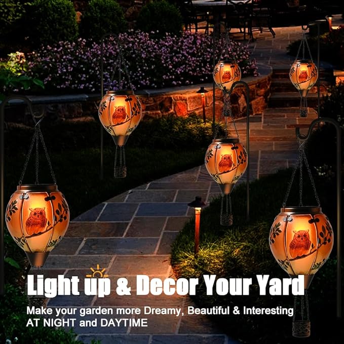 Hot Air Balloon Solar Lantern - Owl Stained Glass Lantern, Simulated Flickering & Dancing Flame, Outdoor Hanging Yard Light Waterproof IP65 for Patio Lawn Porch Decor Gift
