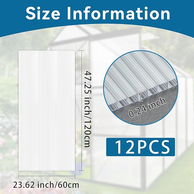 12 Pcs Polycarbonate Greenhouse Panels Polycarbonate Sheets Twin-Wall Roof Panels Waterproof UV Protected Clear Corrugated Plastic Roofing for Greenhouse, Outdoor, Plant Stand Roof(4' x 2' x 0.24'')