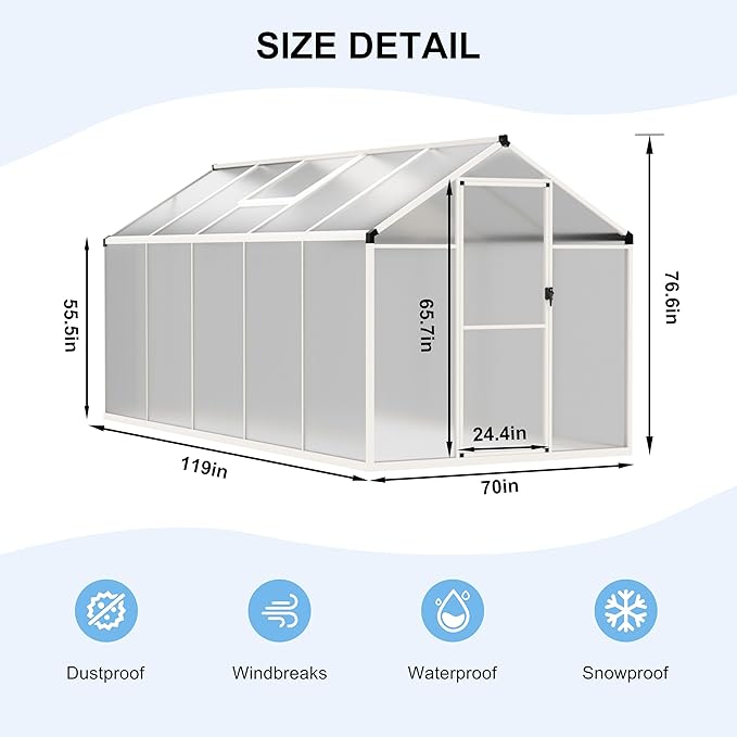 MUPATER 6' x 10' Polycarbonate Greenhouse, Heavy Duty Greenhouse with 4MM Polycarbonate Panel, Aluminum Green-House Kit with Lockable Door & Adjustable Roof Vent for Plants, Backyard, Garden, White