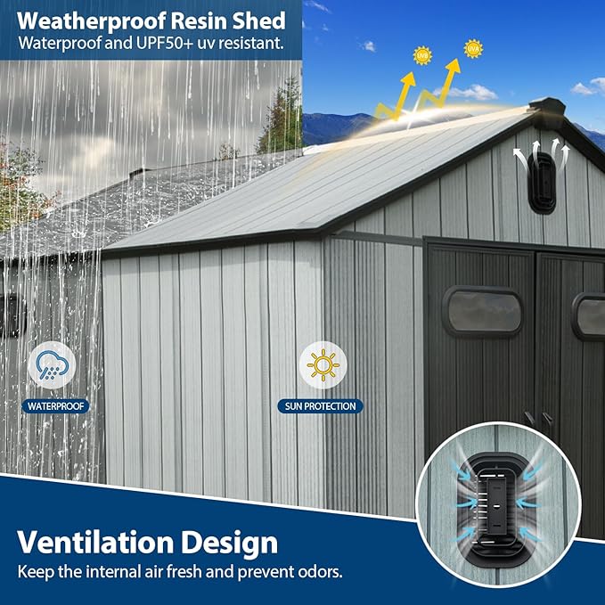 Domi 8×12ft Outdoor Resin Storage Shed - 578+ Cubic Ft Weatherproof Double-Wall Yard Shed with Carpet, Lockable Door and Skylight, Heavy-Duty Steel Frame Storage Building for Lawn Mower, Bike, Tools