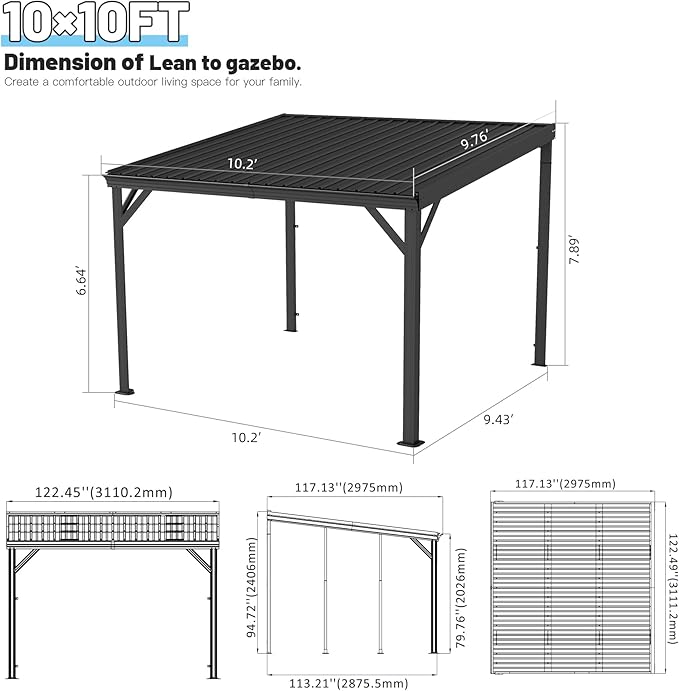 Domi 10’x10’ Lean-to Gazebo, Hardtop Wall-Mounted Gazebo Pergola with Sloping Galvanized Steel Roof and Upgraded Drainage System, Outdoor Permanent Metal Shelters for Patio Backyard Deck, Grey