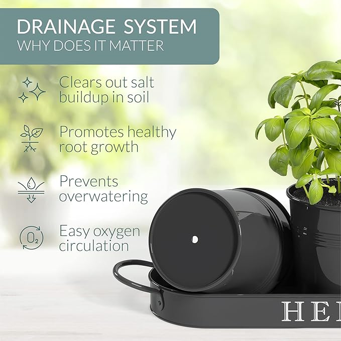 Barnyard Designs Indoor Herb Garden Planter Set with Tray, Metal Windowsill Plant Pots with Drainage for Outdoor or Indoor Plants, Set/3 (Black)