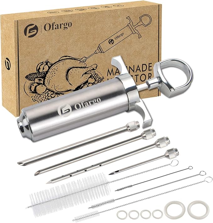 Ofargo Stainless Steel Meat Injector Syringe Kit with 4 Marinade Needles for BBQ Grill Smoker, Gifts for Men Dad Husband in Thanksgiving Christmas Day, 2-oz Large Capacity, Both Paper User Manual and E-Book Recipe