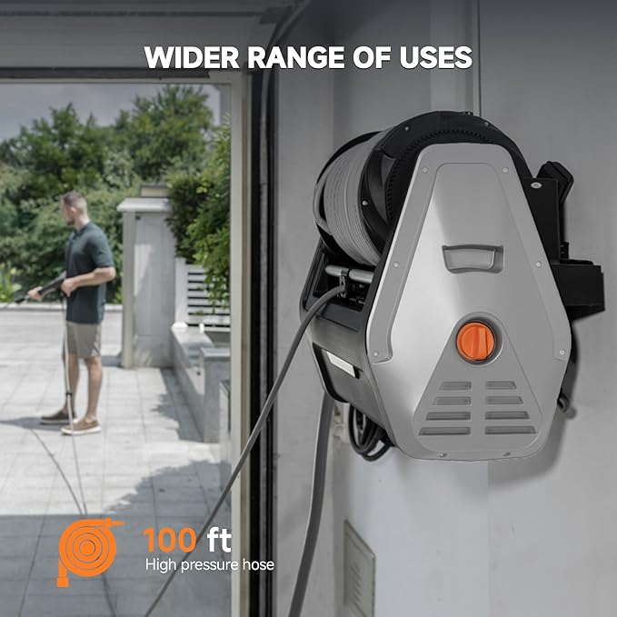 Giraffe Tools Wall Mounted Pressure Washer Plus with Upgraded 1800W Motor, Max 2900 PSI, 2.2 GPM Electric Power Washer with 100ft Retractable Pressure Hose for Car, Automatic Rewind, Any Length Lock