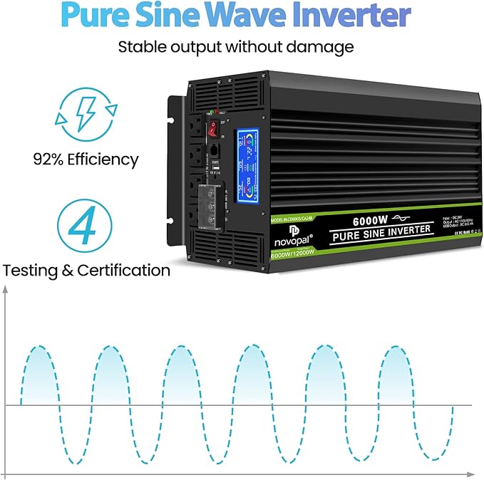NOVOPAL 6000 Watt Pure Sine Wave Power Inverter DC 24V to AC 110V 120V Rv Inverters with 1 USB Port-16 feet Remote Control, LCD Display for Truck, Hurricane, Home