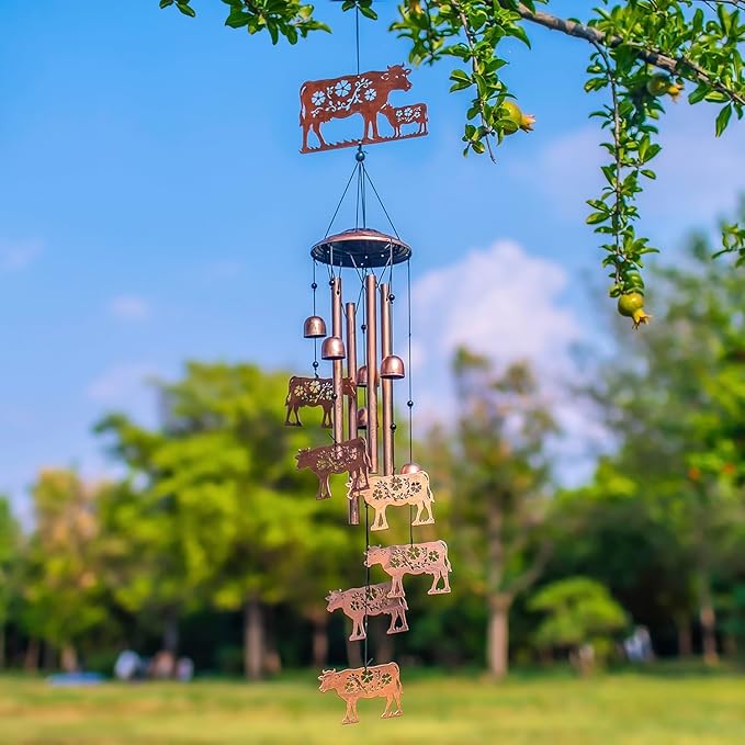 Cow Wind Chimes Outdoor Cow Gifts for Women/Men/Mom/Wife/Grandma Birthday Gifts Memorial Gift Metal WindChimes for Outside/Indoors, Lawn, Patio, Home, Porch, Yard Decor, Garden Decorations
