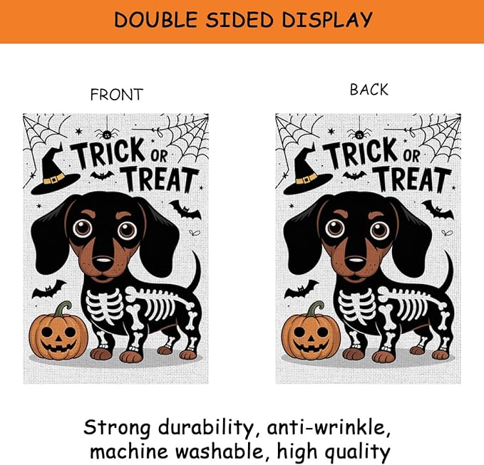 HTBIG Halloween Trick or Treat Garden Flags, Halloween Ghost Dog Pumpkin Decor, Yard Flags for Outside 12x18 inch, Holiday Skeleton Yard Outside for Home Decorations