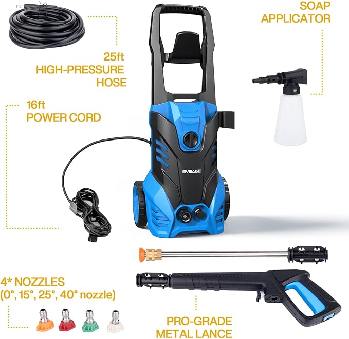EVEAGE Electric Powerful Pressure Washer - 3500PSI Max 2.5GPM Power Washer with 20FT Hose 4 Quick Connect Nozzles, Soap Tank Clean Cars, IPX5 Car Wash Machine/Car/Driveway/Patio Clean