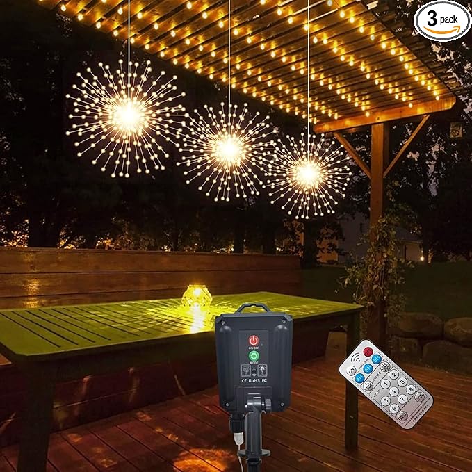 3 Pack 600 LED Solar Starburst Sphere Lights Remote Control,LED Firework Light 8 Modes Dimmable Waterproof Hanging Fairy Light, Copper Wire Lights for Patio Parties Christmas (Warm White)
