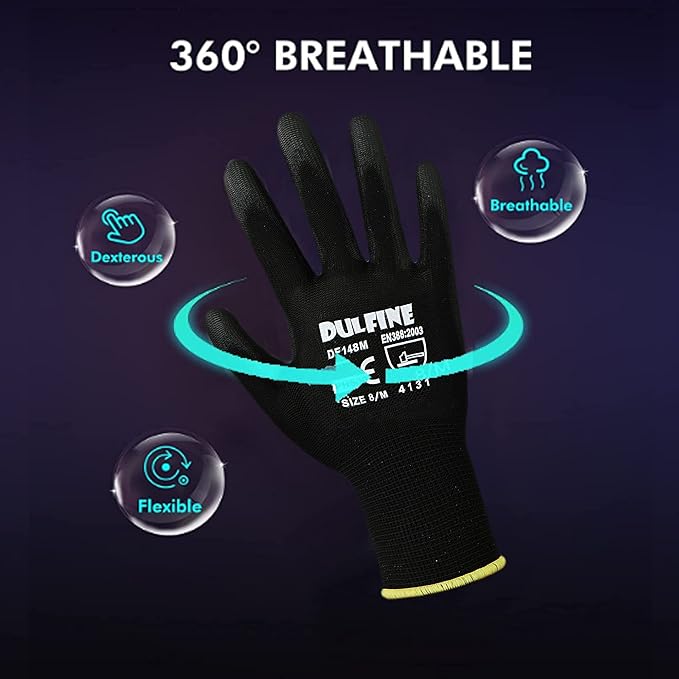 Ultra-Thin PU Coated Work Gloves-12 Pairs,Excellent Grip,Nylon Shell Black Polyurethane Coated Safety Work Gloves, Knit Wrist Cuff,Ideal for Light Duty Work. (Large)