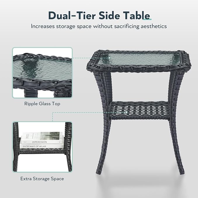 6 Piece Patio Furniture Set - Wicker Patio Conversation Set with Swivel Glider, Glider Loveseat, Tempered Glass Side Table and 2 Ottomans for Deck Backyard - Black Wicker Beige Cushion