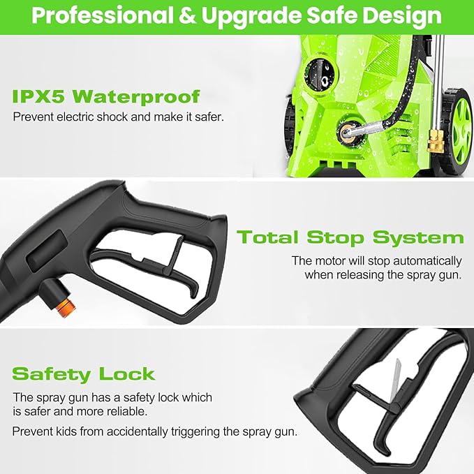 Pressure Cleaner High Power Cleaner with 4 Pressure Nozzle and Foam Cannon, powerCleaners for Home, Car Washing, Fence Cleaning, Patio, Green