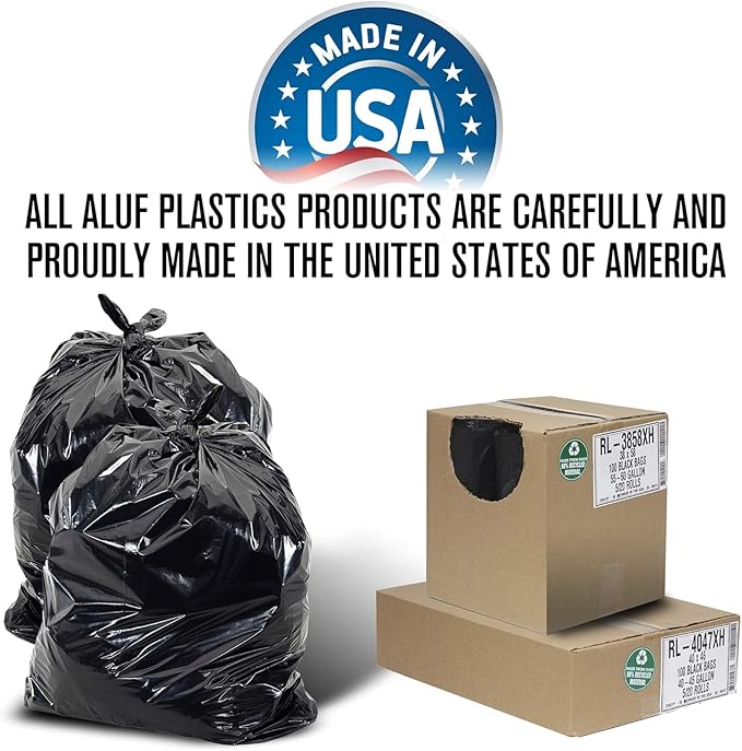 Aluf Plastics RL-3339XH 33 Gallon Trash Can Liners (100 Count) - 33" x 39" - Thick 1.5 MIL Equivalent Black Trash Bags for Bathroom, Kitchen, Office, Industrial, Commercial, Recycling and More