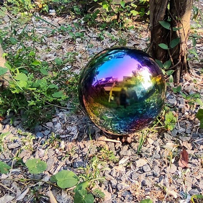 25cm/10 inch Garden Sphere Mirror Gazing Ball,Rainbow Stainless Steel Polished Reflective Smooth Hollow Globe Ball,Durable Colorful and Shiny Decorations Addition to Garden Patio Yard Home