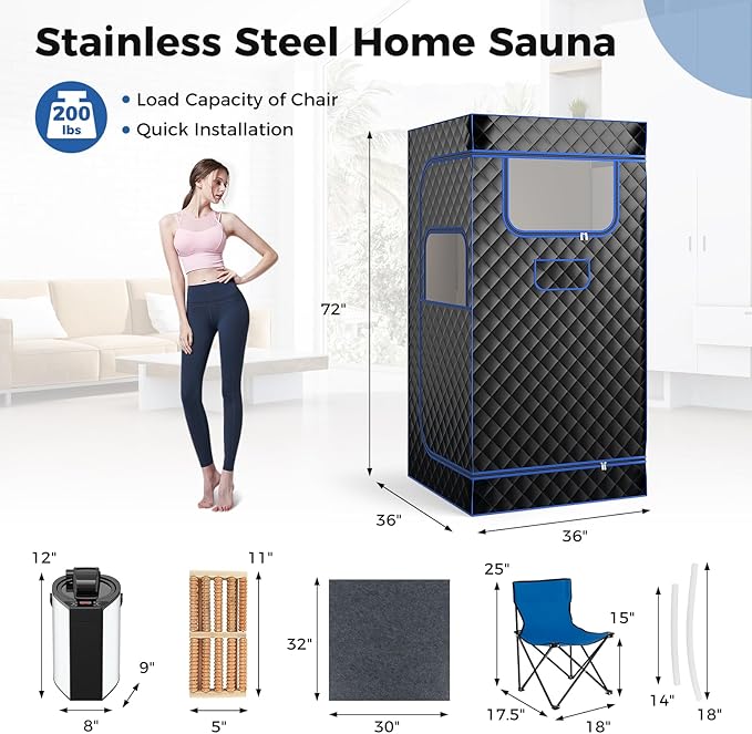 Giantex Portable Sauna Box, Full Body Steam Sauna for Home with 3L Generator, Remote Control, Folding Chair & Wooden Foot Roller, Lightweight Single Person Sauna Tent, 36" x 36" x 72" (Blue+Black)
