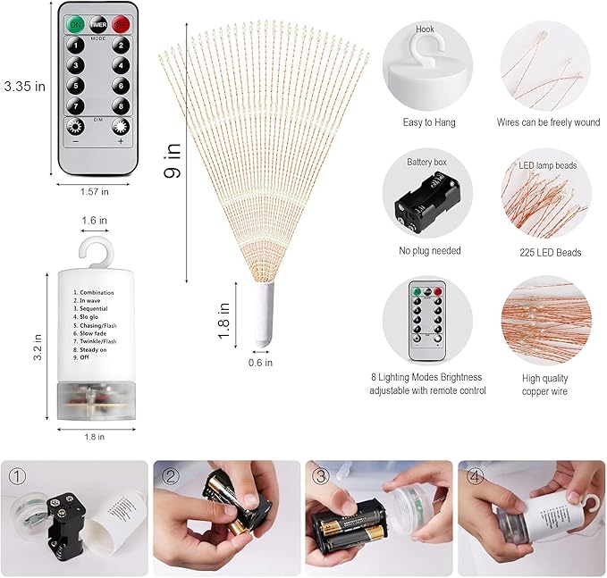 4 Pack String Lights - 225 LED 8 Modes Dimmable with Remote Control, Waterproof Copper Wire Decorative Hanging Bursting Star Lights for Party, Patio, Garden Decoration (Warm White)