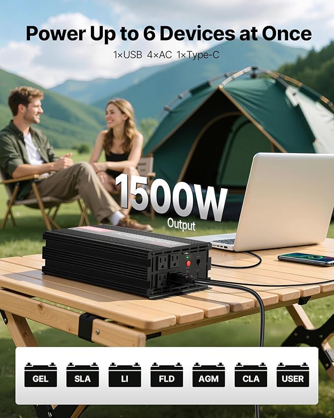 VEVOR 1500W Power Inverter, 12V DC to 120V AC Pure Sine Wave Inverter, Car Charger Converter with Remote Control, USB & Type-C Ports, 4 AC Outlets, Fast-Charging for RV, Truck Outdoor Camping