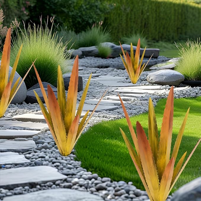 EROCK 2 Pcs Tequila Rustic Sculpture, Wind Resistant Metal Agave Plant Outdoor Home Decor, DIY Rustic Hand Painted Metal Agave Garden Art Plant Country Sculpture Statue Patio Stake Lawn Ornament Gift