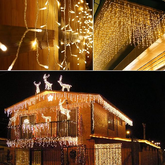 304 LED Solar Christmas Icicle Lights Outdoor Decorations, 8 Modes Waterproof Icicle Fairy Lights for Outside Holiday, Patio, Balcony, Christmas, Window, House Eaves Decorations, Warm White