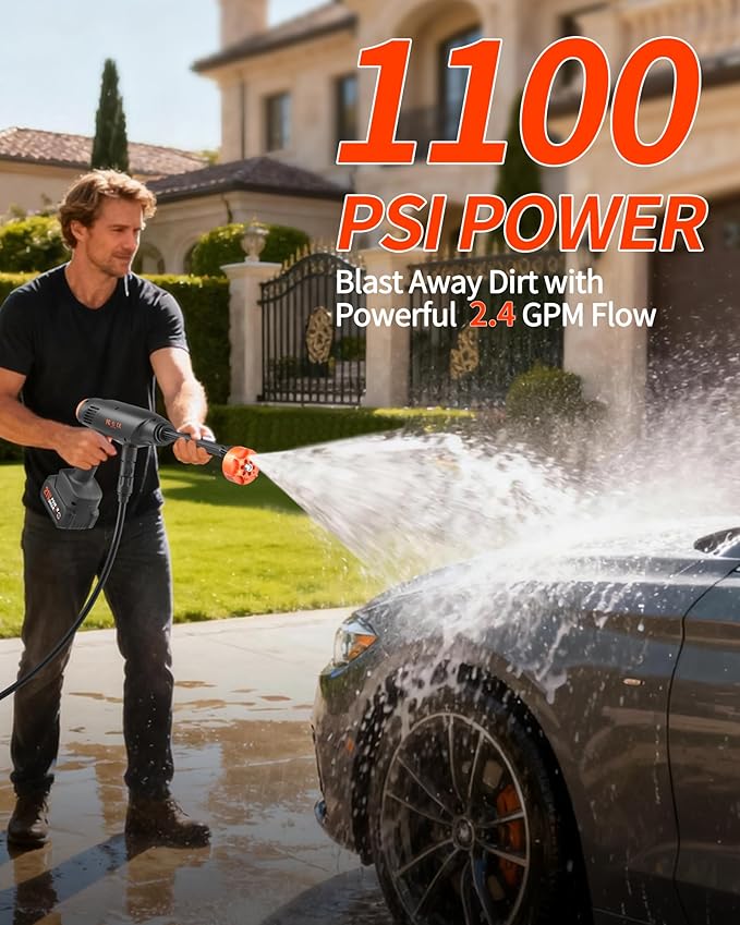Cordless Pressure Washer Battery Powered; 1100PSI 2.4 GPM Portable Cordless Power Washer with 6-in-1 Nozzle, Foam Cannon, 21V Battery&Charger; Handheld Battery Pressure Washer for Home, Car, Yard
