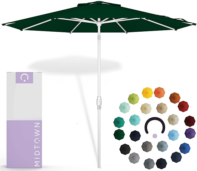 Midtown Umbrellas The Swilt 8 Feet Patio Umbrella in Sunbrella Forest Green Acrylic Fabric - Fiberglass Ribs, Auto-Tilt Aluminum Frame For Backyard, Deck, Garden, Pool - White Pole