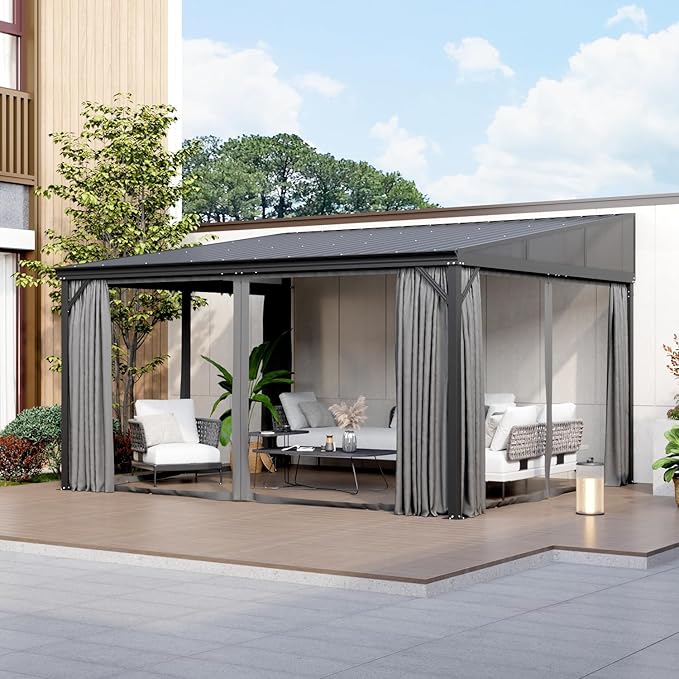 MOUMON 12x14Ft Hardtop Gazebo, Aluminum Frame Wall Mount Outdoor Gazebo with Netting & Curtains, Sloping Galvanized Iron Roof, Sun Shade Pergola Canopy for Patio Garden Backyard, Black Grey