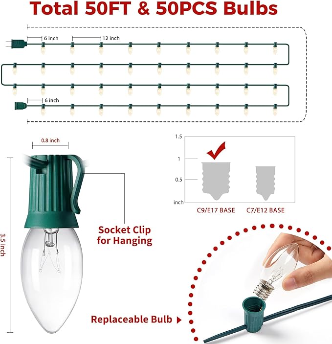Minetom C9 Clear Christmas String Lights, 50FT 50 Bulbs Bright & Warm Outdoor Christmas Lights, Long Life C9 String Lights for Tree Patio Gazebo Wreath, Green Wire