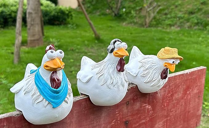 Funny Farm Chickens Statues,Chicken Fence Decoration,Cute Resin Chickens Decor,Outdoor Real Animal Statue,Chicken Sculpture,Perfect for Home Garden Stairs,Farm,Patio,Backyard