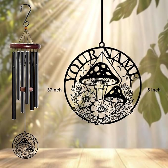 Personalized Customize Name Fantasy Mushroom Wonderland Wind Chime, Metal Iron 37 Inch Outdoor Memorial Gift for Garden Yard Patio Home Decor, Black (Style I)
