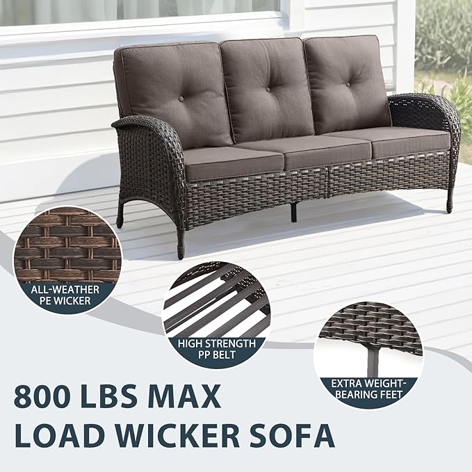 7 Piece Patio Furniture Set with Fire Pit Table - Wicker Patio Conversation Set with Swivel Glider, 3 Seat Sofa, Side Table and 2 Ottomans for Deck Backyard - Brown Wicker Grey Cushion