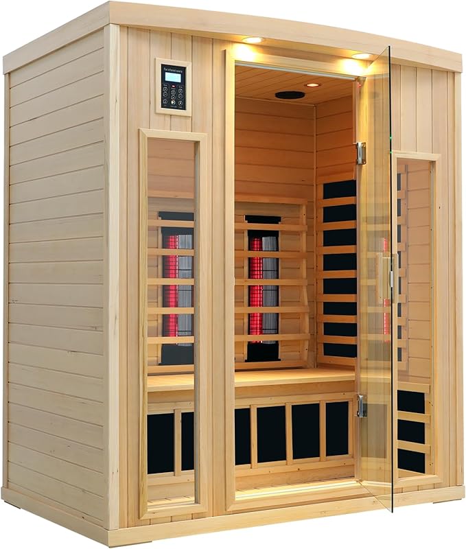 Ceramic Infrared Sauna 3 Person, Low EMF Infrared Saunas for Home, Hemlock Indoor Sauna Room, 2- in - 1 Heating Panels, Bluetooth Speakers, Chromotherapy Lights