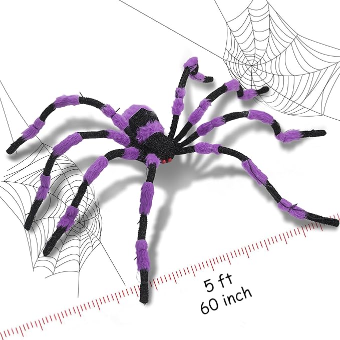 Giant Spider Halloween Decorations, 60” Large Black Hairy Scary Virtual Realistic Spider with 56 LED Purple Lights Red Eyes Timer for Spiderweb Indoor Outdoor Yard Party Halloween Decor