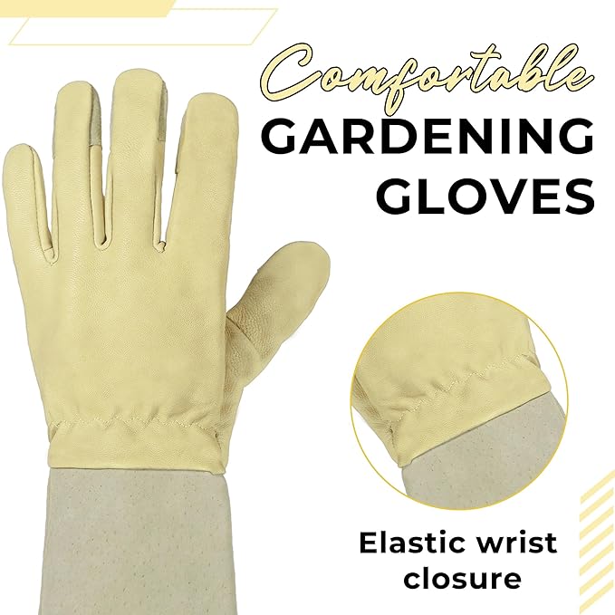 HANDLANDY Rose Pruning Gloves for Men & Women, Thorn Proof Long Garden Gloves, Gardening Gifts for Gardeners (Beige- Goatskin, X-Large (Pack of 1))