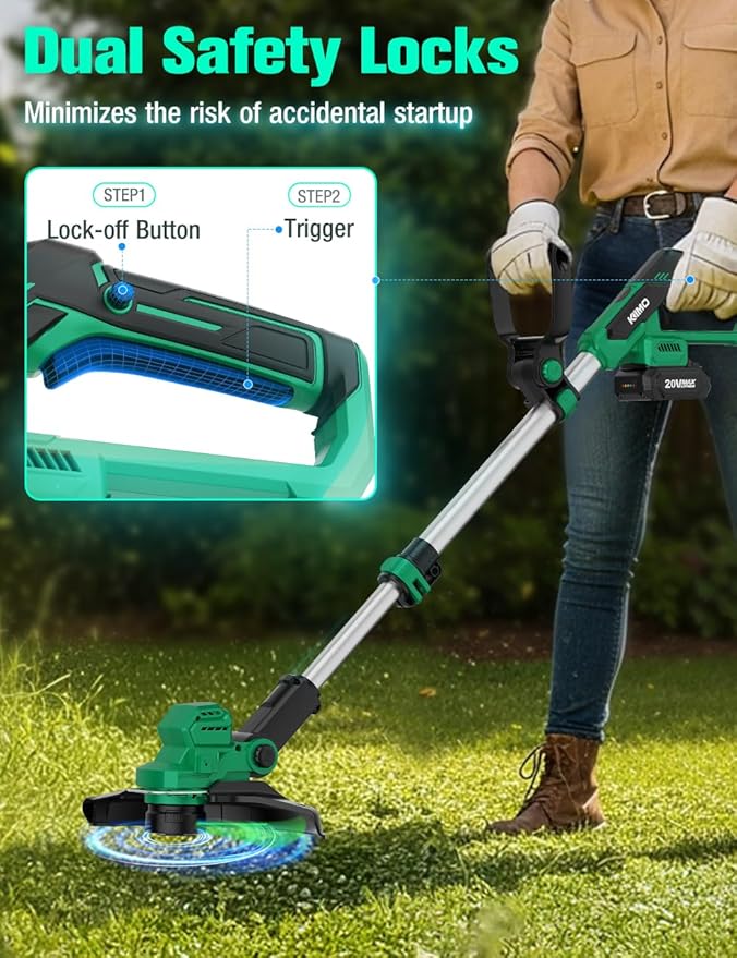 KIMO 12 Inch Cordless Weed Wacker Battery Operated w/ 2 x 2.0Ah Batteries, 2-in-1 String Trimmer & Edger with Charger & Wheels, 6pcs Replacement Spools, Fast Charger, 20V Weed Trimmer for Lawn Yard
